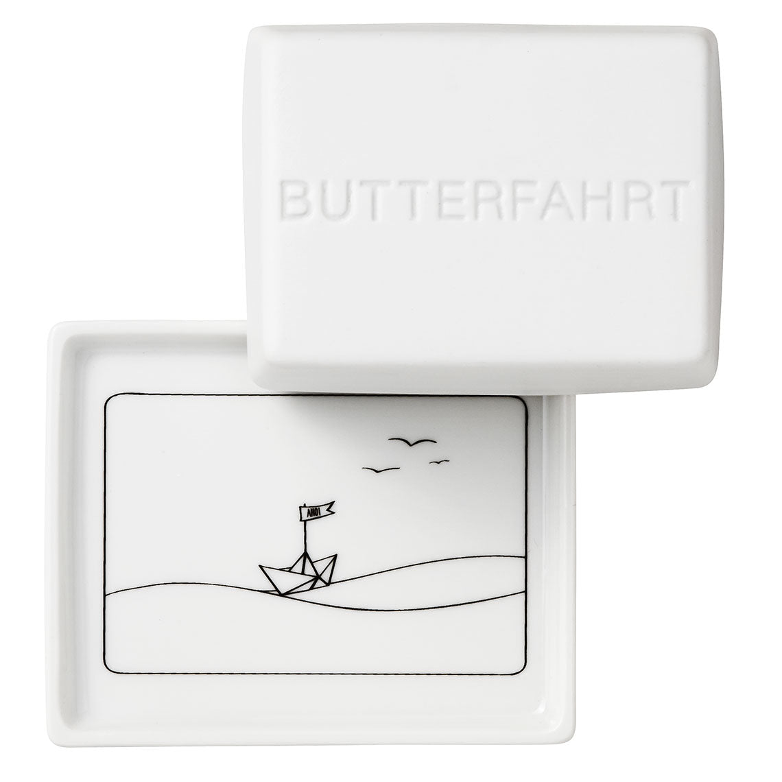 Butterdose (klein) aus Porzellan "Butterfahrt" von räder mit Schiff und Wellen Maritim Geschenkidee (halber Butter Block)