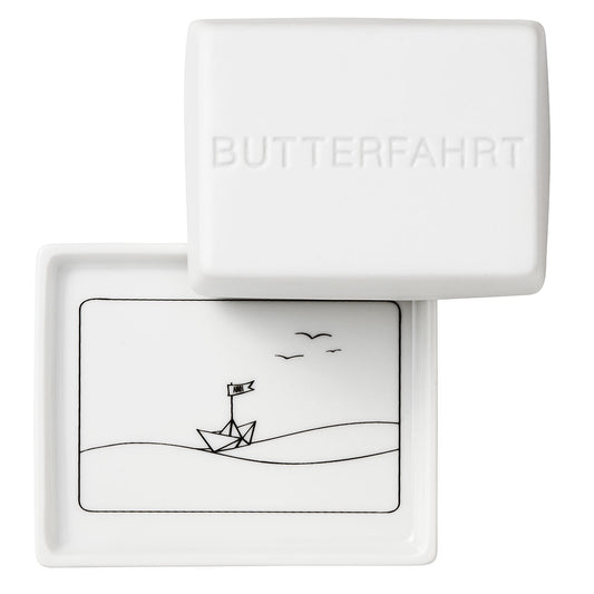 Butterdose (klein) aus Porzellan " Butterfahrt " von räder design mit Schiff und Wellen Maritim Geschenkidee (halber Butter Block)