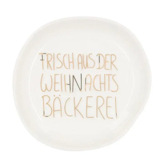 Porcelain bowl "Frisch aus der Weihnachtsbäckerei" by räder design, white and gold, 10.5 cm diameter, Christmas decoration.