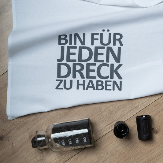 Geschirrtuch weiß „Für jeden Dreck zu haben“ grau von 17;30 Hamburg Originell