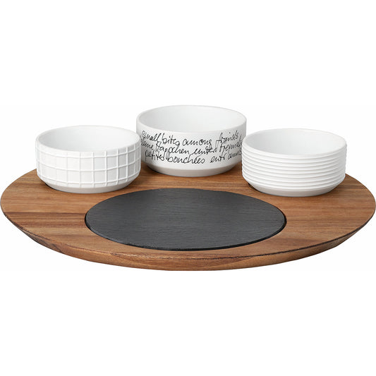 Servierbrett aus Holz mit drei Porzellanschalen und Schieferplatte von räder design
