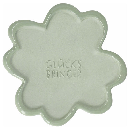 Kleeblatt Teller in grün von räder design, Glücksbringer aus Steinzeug, Maße: H: 1,0 cm, B: 14,5 cm, T: 14,5 cm.
