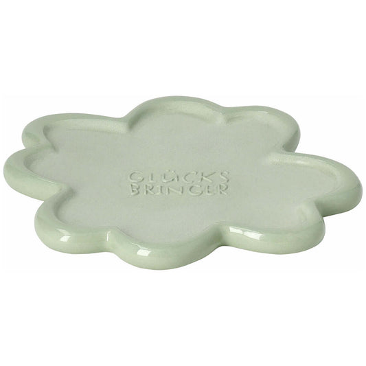 Klein grüner Teller in Kleeblattform "Glücksbringer" von räder design, ideal als Geschenkidee, Höhe 1 cm.