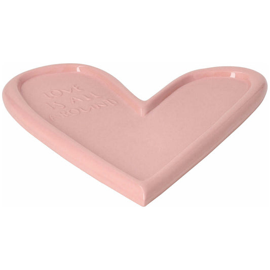 Pink heart-shaped plate "Love is all around" by räder design, stoneware, perfect gift for love.