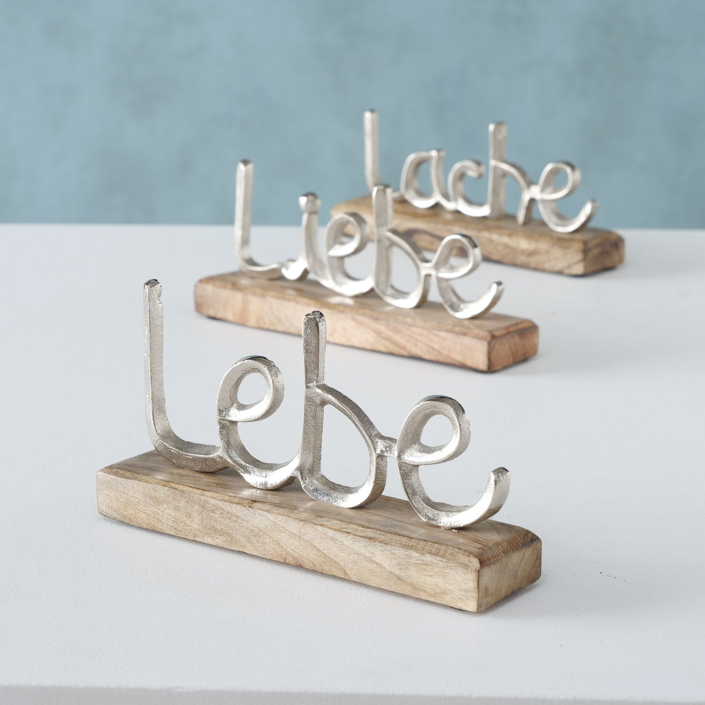 Dekoaufsteller/Schriftzug aus Holz und Aluminium "Lebe/Liebe/Lache" von Boltze