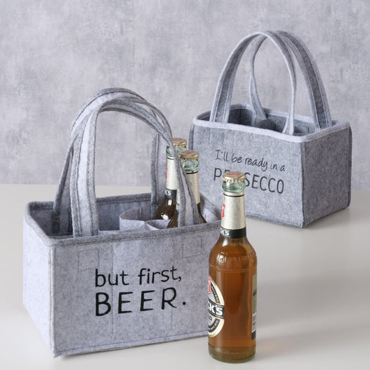 Flaschentasche/Flaschenträger grau "Prosecco/Beer" von Boltze - Geschenkidee Junggesselenenabschied etc.