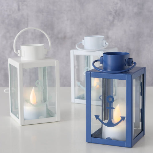 Kleine Laterne (indoor) aus Metall "Anker" blau/weiß/creme(hellblau) von Boltze - Geschenkidee Kerzenhalter
