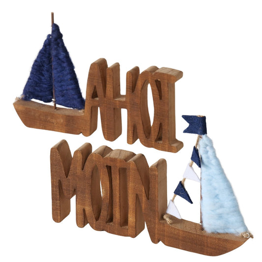 Dekoausteller aus Holz "Ahoi/Moin" mit Segelboot von Boltze - Nordische Dekoration