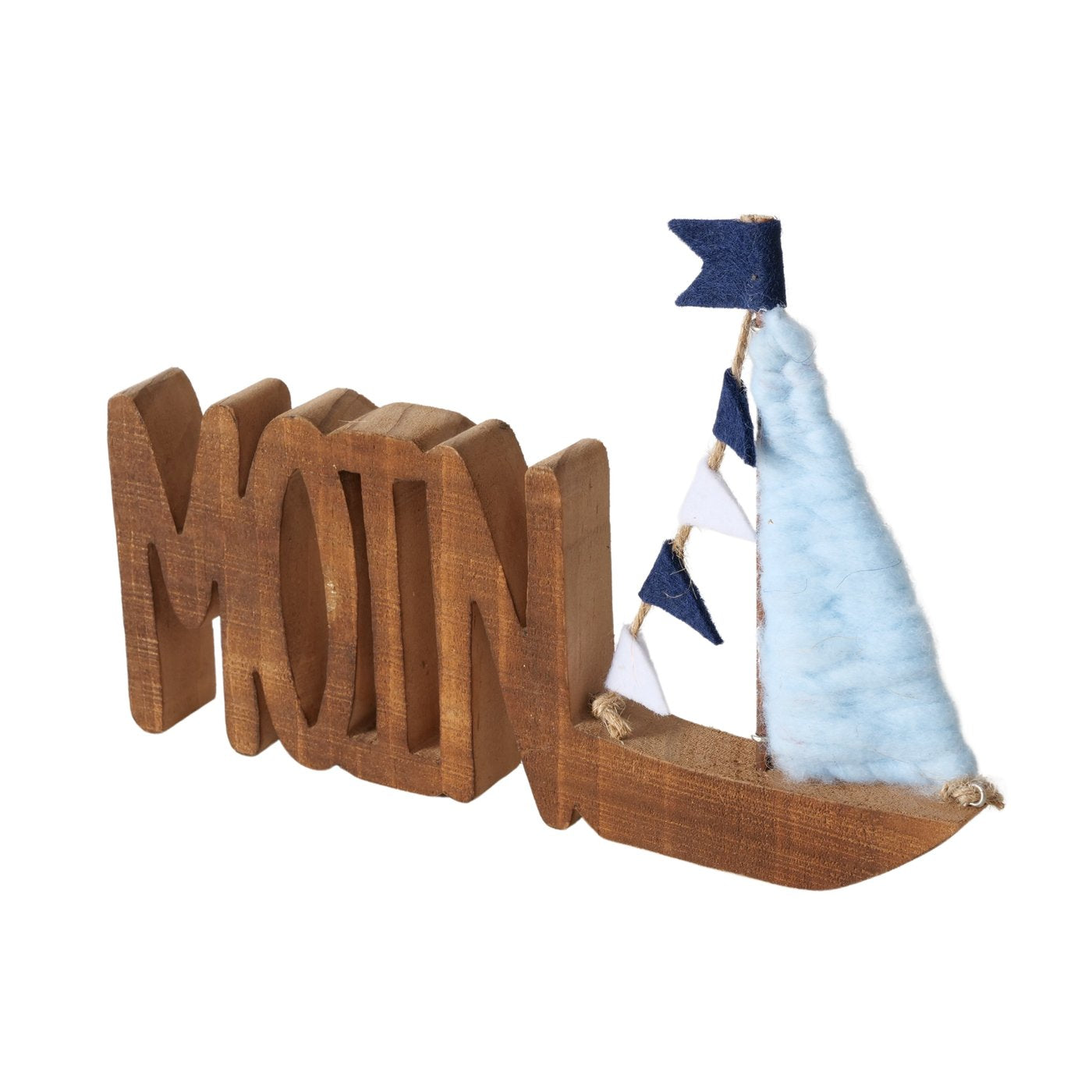 Dekoausteller aus Holz "Ahoi/Moin" mit Segelboot von Boltze - Nordische Dekoration