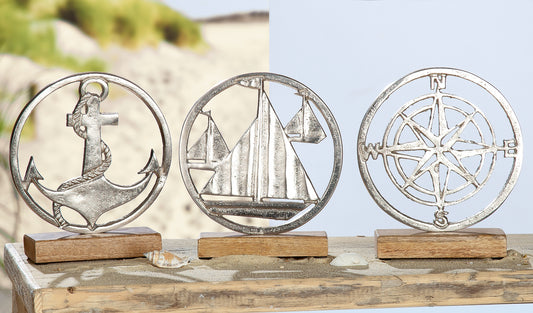 Standrelief Aufsteller Anker Boote Windrose aus Mangoholz & Aluminium von Gilde Kompass
