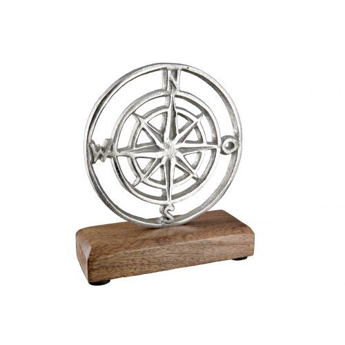 Standrelief Windrose Kompass aus Mangoholz und Aluminium von Gilde - Maritime Dekoration