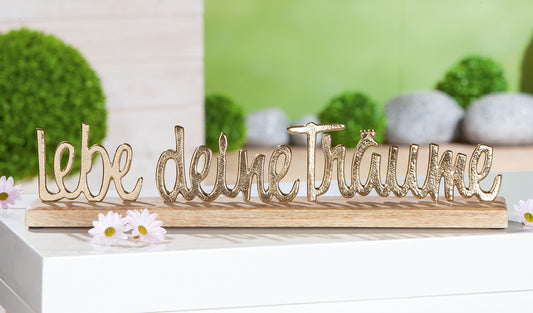 Schriftzug Schrift Lebe deine Träume aus Mangoholz & Aluminium von Gilde