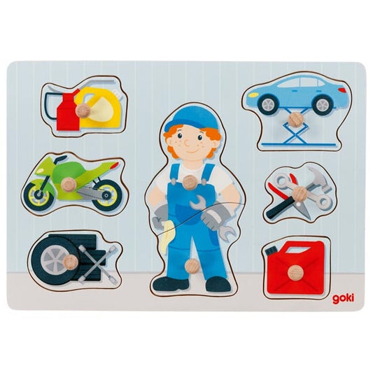 Steckpuzzle Automechaniker von goki Autopuzzle aus Holz Auto Motorrad