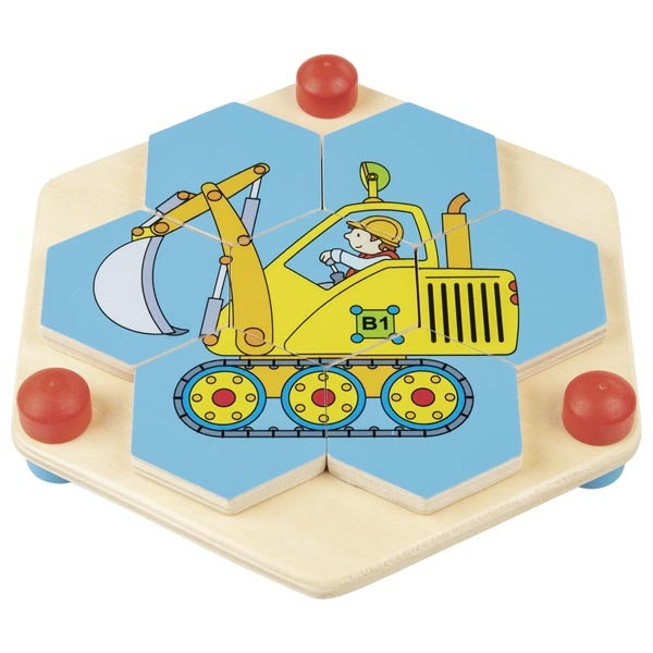 Wabenpuzzle Baustelle von goki Holzpuzzle für Kleinkind Holz Bagger Müllwagen