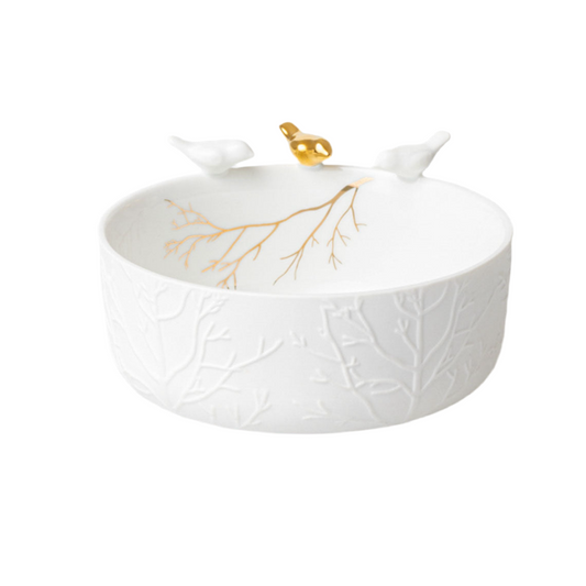 kleine Schale aus Porzellan mit kleinen Porzellanvögeln weiß/gold von räder design