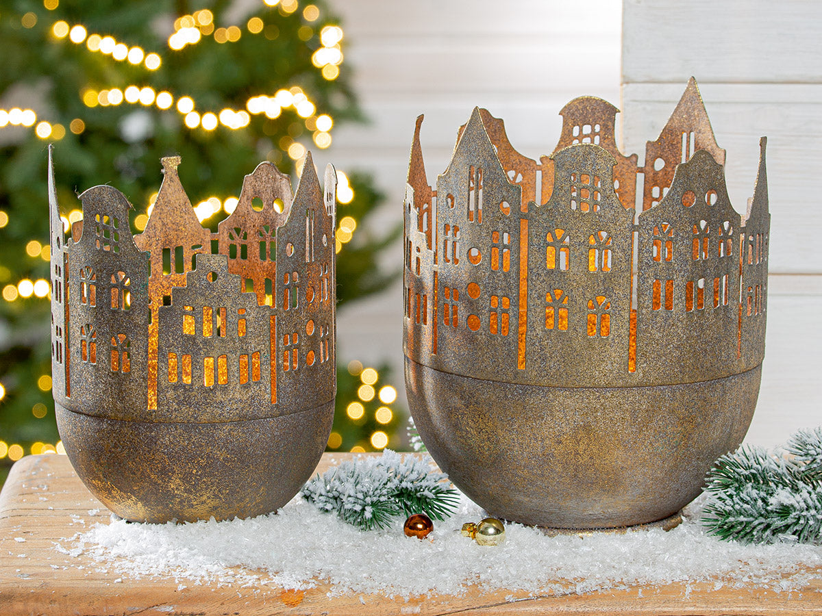 Windlicht „Stadtlichter“ von Gilde – Gold mit Hausmotiv Ø 18 cm