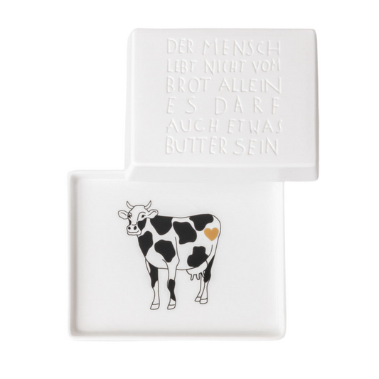 Butterdose aus Porzellan " Der Mensch lebt nicht vom Brot allein " von räder design mit Kuh