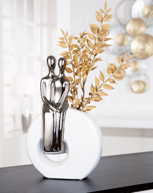 White ceramic vase with silver couple sculpture by Gilde- Love Valentine's Day Wedding Gift Idea