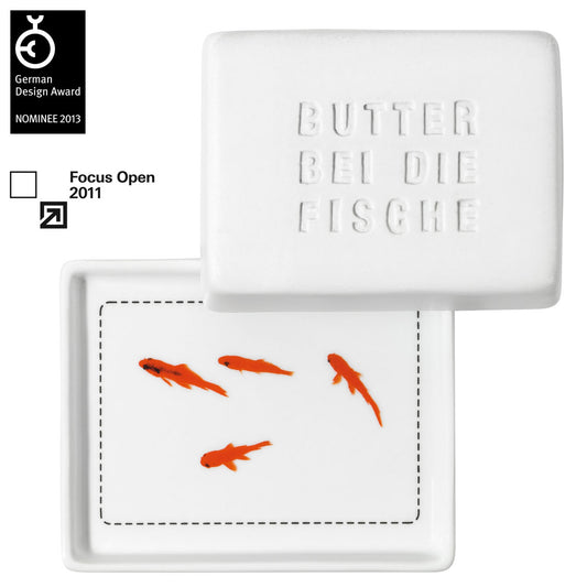 Butterdose (klein) aus Porzellan " Butter bei die Fische " von räder design Hamburg Original Originell (halber Block Butter)
