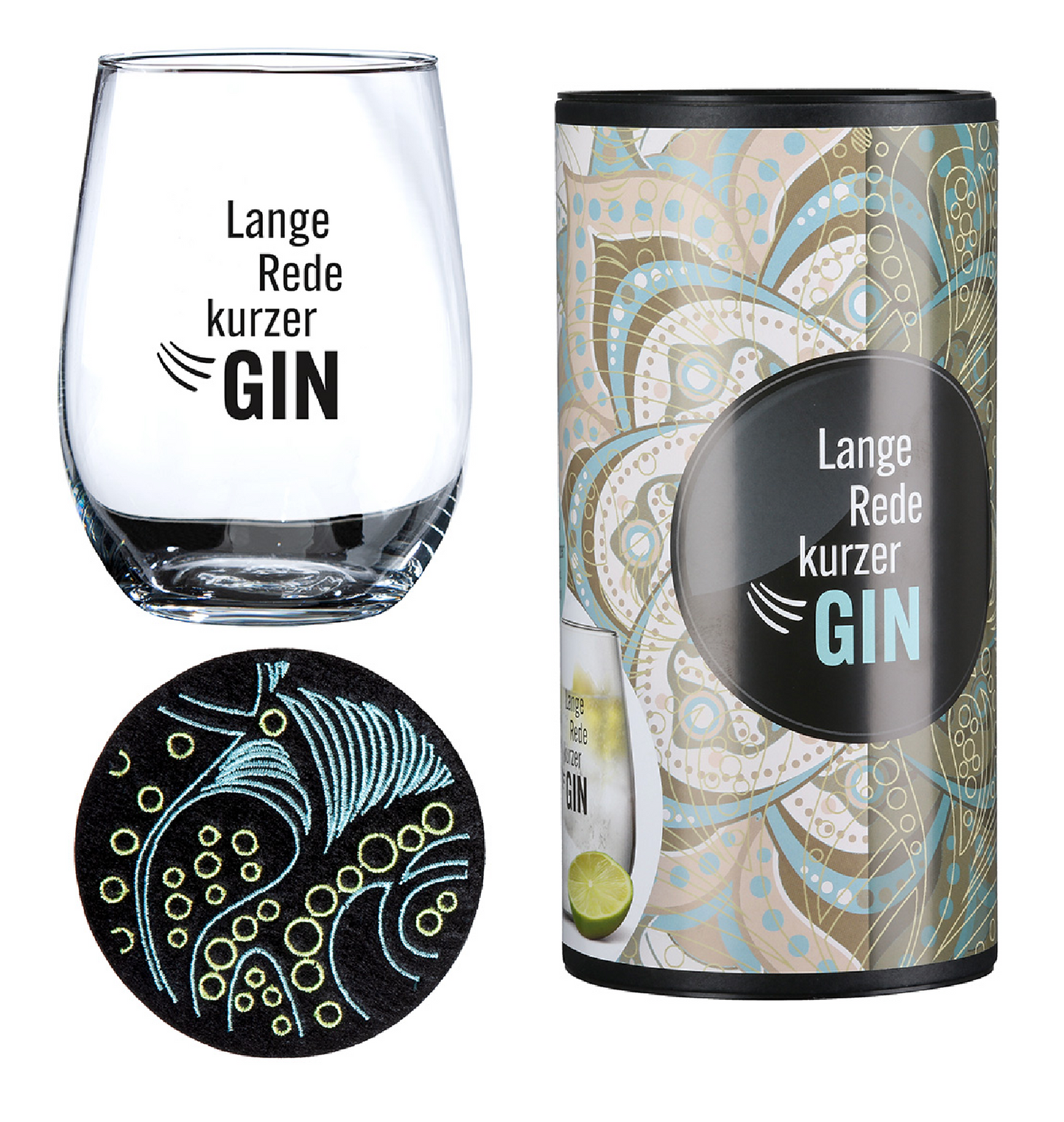 Gin-Glas in Geschenkverpackung "Lange Rede kurzer Gin" von Gilde