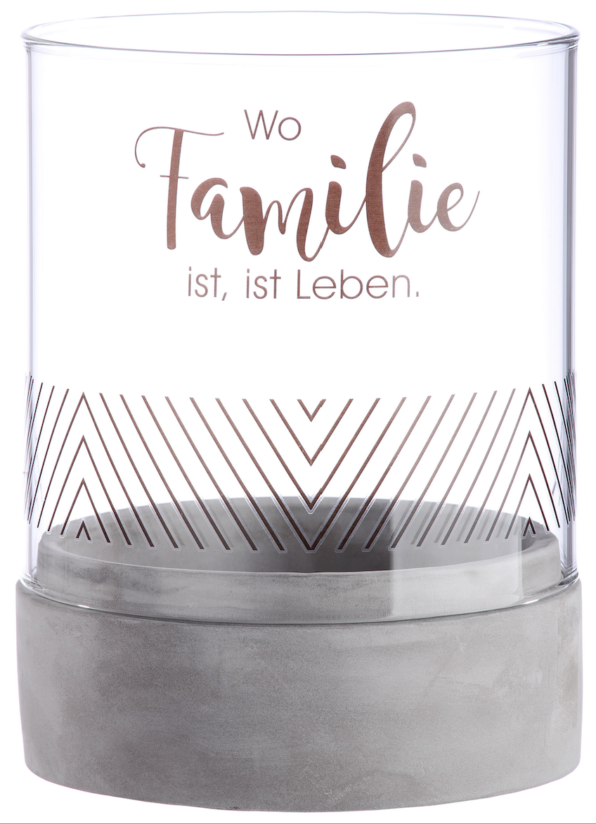 Großes Windlicht zylindrisch "Familie ist Heimat" oder „Wo Familie ist, ist Leben“ aus Zement von Gilde - Hingucker ideales Geschenk
