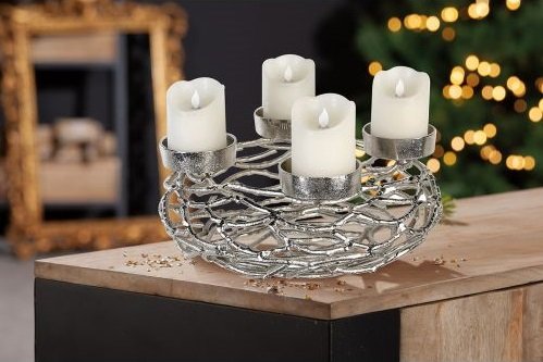 Adventsleuchter Twigs Rund Silber von Gilde – Moderner Adventskranz aus Aluminium Ø 37 cm