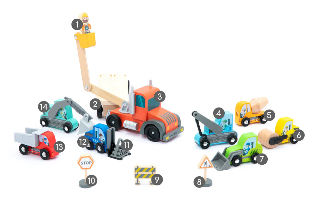 Baufahrzeug-Transporter Spielset aus Holz 14-teilig von UMU Holzspielzeug