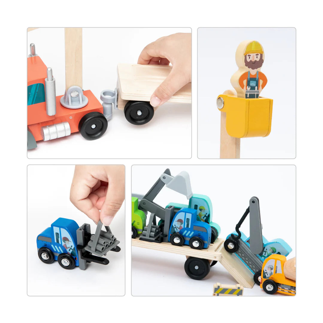 Baufahrzeug-Transporter Spielset aus Holz 14-teilig von UMU Holzspielzeug