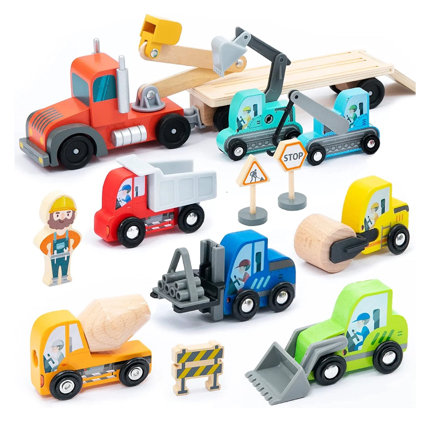 Baufahrzeug-Transporter Spielset aus Holz 14-teilig von UMU Holzspielzeug