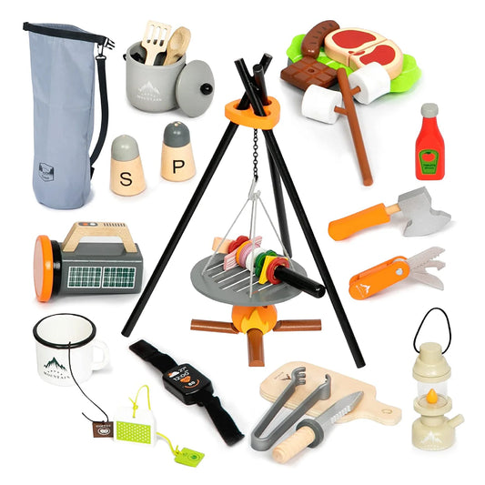 Camping Spielset aus Holz 45-teilig von UMU für kleine Camper Holzspielzeug