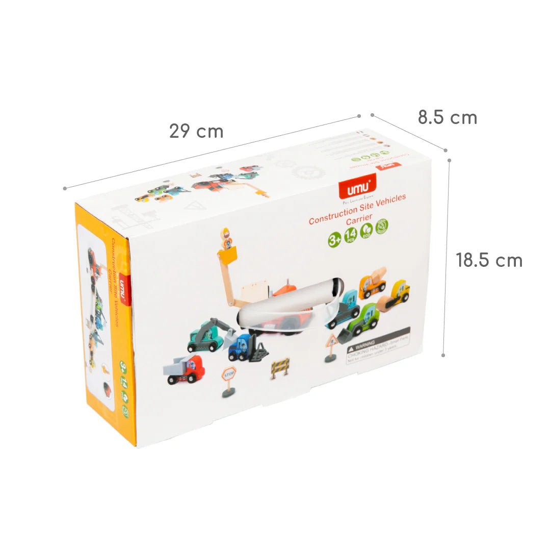 Baufahrzeug-Transporter Spielset aus Holz 14-teilig von UMU Holzspielzeug