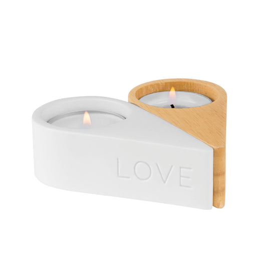 Tealight holder made of porcelain and wood "Love & Peace" by räder