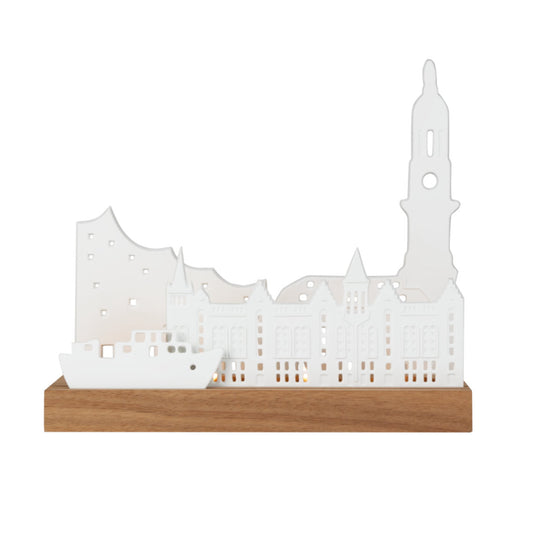 Teelichthalter aus Porzellan und Holz " Stadtsilhouette Hamburg " von räder design