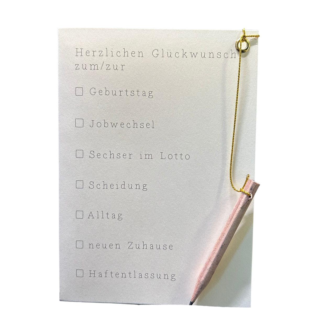 Karte zum ankreuzen „Herzlichen Glückwunsch zum/zur…“ mit Umschlag von räder design