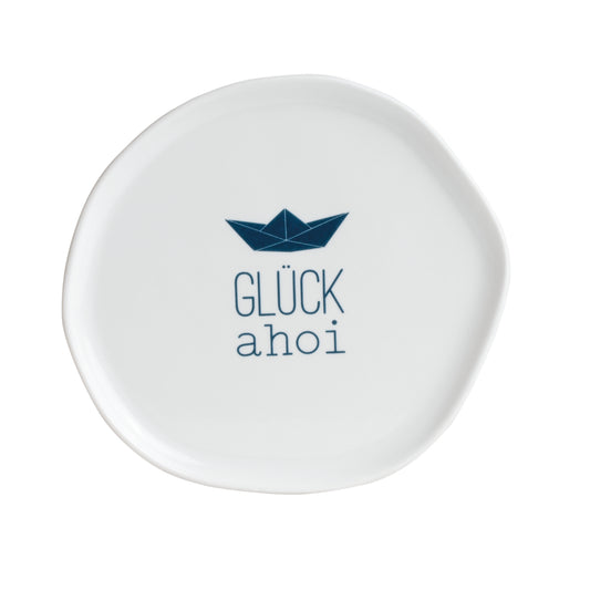 Teller (klein) aus Porzellan mit Aufdruck Schiffchen "Glück Ahoi" von räder design - Maritimer Teller