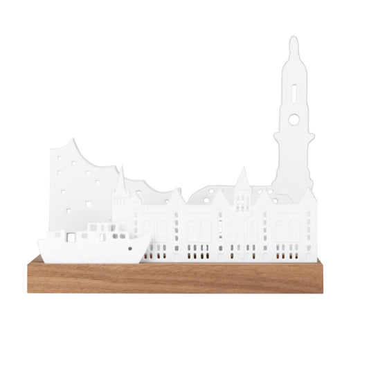 Teelichthalter aus Porzellan und Holz " Stadtsilhouette Hamburg " von räder design