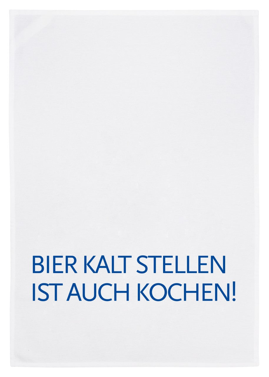 Geschirrtuch weiß „ Bier kalt stellen ist auch Kochen “ Blau von 17;30 Hamburg