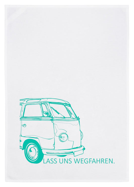 Geschirrtuch weiß „ Lass uns wegfahren “ türkis von 17;30 Hamburg