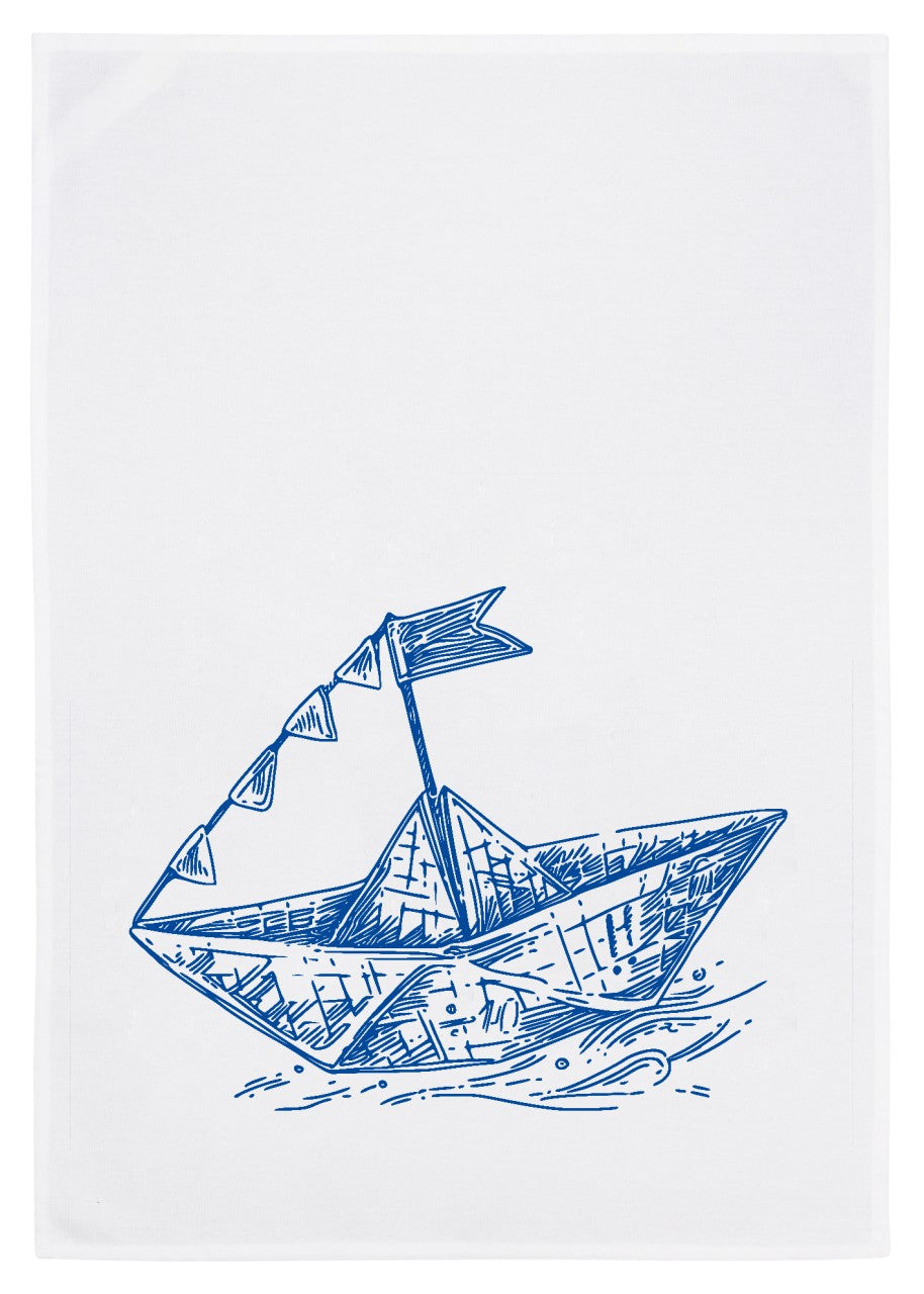 Geschirrtuch weiß „ Papierschiffchen “ Blau 17;30Hamburg skandinavisch – Enni´s Shop