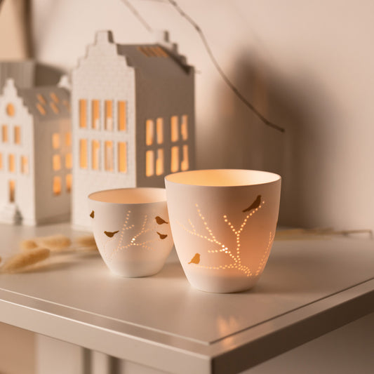 fine tealight holder made of porcelain " Birds, gold " by räder design exclusive design with bird