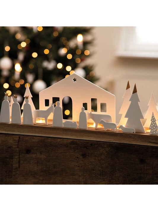 Lichtobjekt große Krippe weiß mit Akazieholz 45x9,5cm von räder design