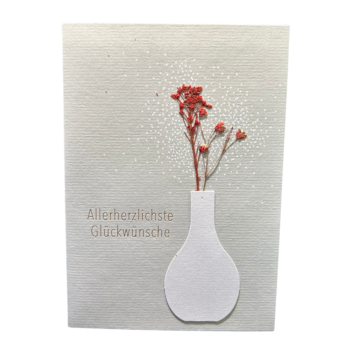 Karte „Allerherzlichste Glückwünsche“ mit Umschlag und echten Blüten von räder design