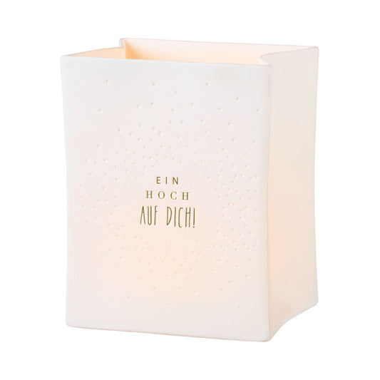 Teelichthalter/Lichttüte aus Porzellan "Ein Hoch auf Dich" von räder design zum Geburtstag Prüfung Feier etc. Geschenk