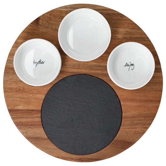 Servierbrett aus Holz  mit drei Porzellanschalen und Schieferplatte von räder design
