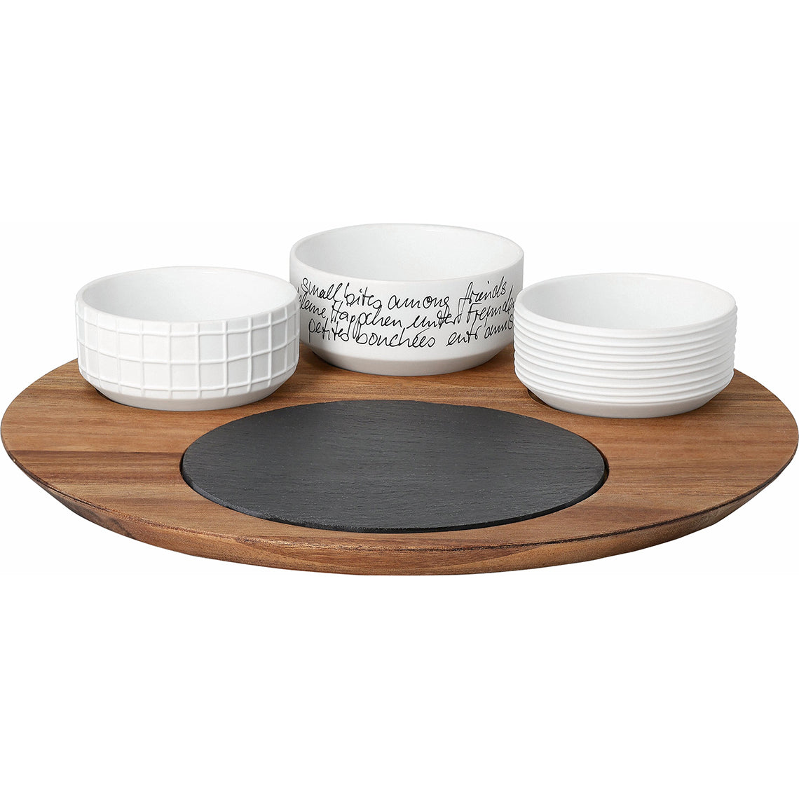 Servierbrett aus Holz  mit drei Porzellanschalen und Schieferplatte von räder design