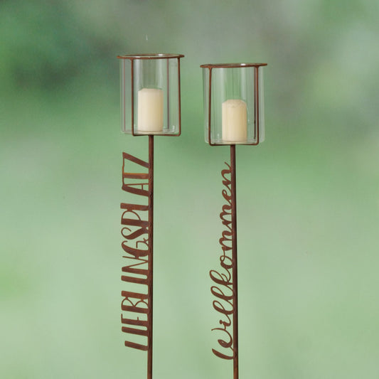 Gartenstab 2er Set aus Metall mit Teelichthalter "Lieblingsplatz & Willkommen" 114 cm von Boltze Sommer Garten