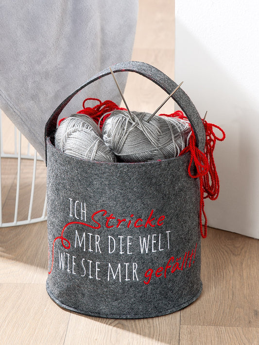 Filzkorb „Ich stricke mir die Welt wie sie mir gefällt“ von Gilde – Strickkorb mit Spruch