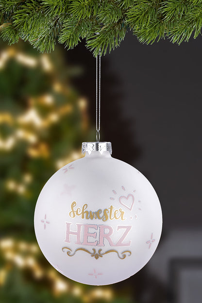 Baumkugel „Schwesterherz“ aus Glas von Gilde – Weiße Weihnachtskugel mit Schriftzug