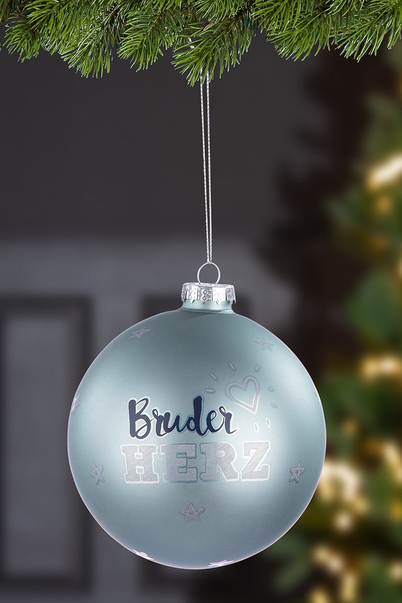 Baumkugel „Bruderherz“ aus Glas von Gilde – Blaue Weihnachtskugel mit Schriftzug
