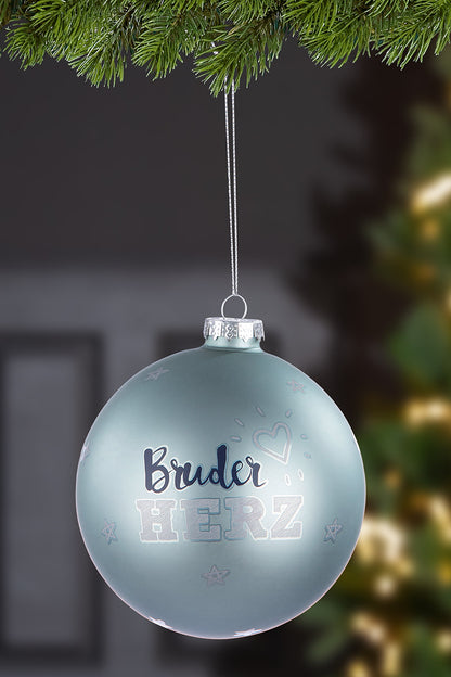 Baumkugel „Bruderherz“ aus Glas von Gilde – Blaue Weihnachtskugel mit Schriftzug